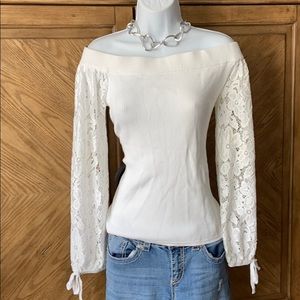 NY&C white knit off shoulder lace sleeve sweater